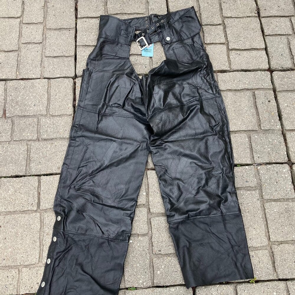 Black Leather Diamond Plate Patchwork Unisex Chaps XL New With Tags